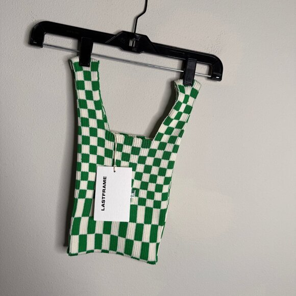 Lastframe Women's White and Green Small Checkered Knit Tote Bag - Picture 2 of 4